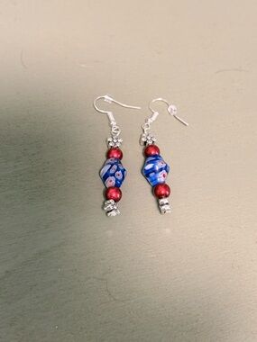 Blue and Red Glass Bead Drop Earrings with Silver Accents